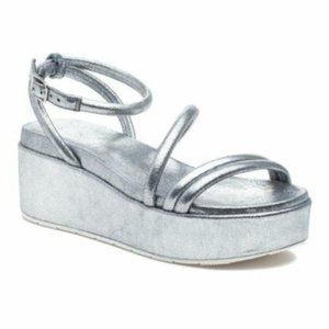 J Slide Women's Slate Silver Metallic Quilt Leather Platform Wedge Sandals